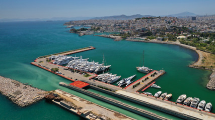 Aerial drone top view photo of luxury boats docked in Athens Marina near Faliro, Piraeus, Attica, Greece