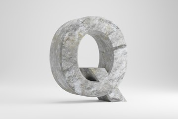 Stone 3d letter Q uppercase. Rock textured letter isolated on white background. 3d rendered stone font character.