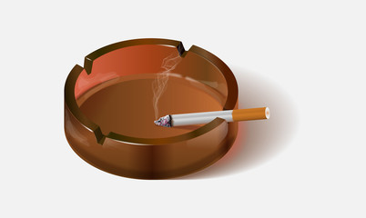 Burning cigarette in a glass ashtray. Vector image.