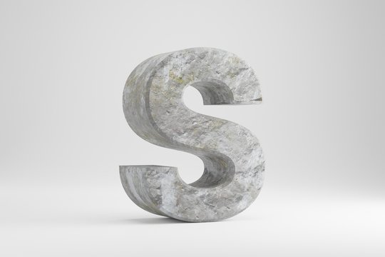 Stone 3d letter S uppercase. Rock textured letter isolated on white background. 3d rendered stone font character.