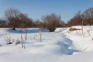 Winter sunset in the forest with sunbeams