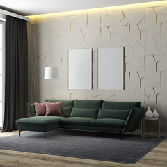 Interior with 3D panels. Green sofa with pillows and a floor lamp. 3D rendering