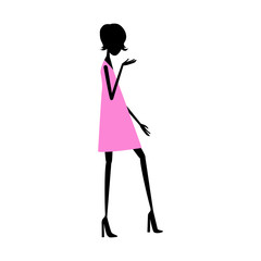 black silhouette of a girl in the style of 60s in a trapeze dress