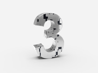 Futuristic number 3 - Futuristic metallic font letters and numbers set with sci-fi metallic metallic random pannels 3D render	