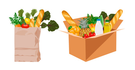 Box vector with different food in it. Delivery of the product during quarantine.Food delivery. Card-box from a supermarket with groceries.