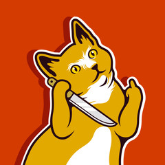 Cute Cat Stare Hodling Knife Showing Middle Finger Sign Vector Illustration - Vector