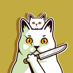 Cute White Cat and KittenHolding Knife Together Vector Illustration - Vector