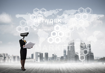 Concept of security and privacy protection with camera headed woman