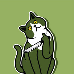 Bad Meow Cat Kitten Tilt Head Holding Knife Showing Middle Finger Sign Vector Illustration - Vector