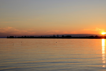 view over Lake Constance to Lindau in Bavaria at sunset