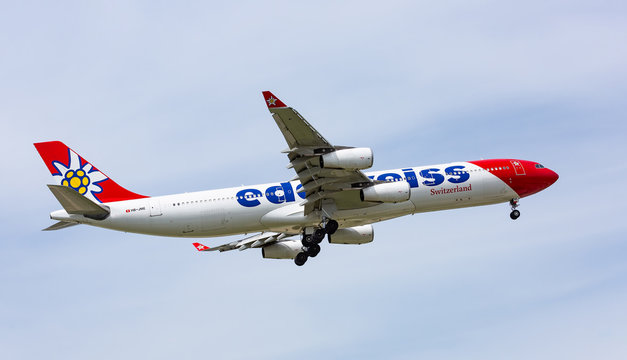 Chicago, USA - May 13, 2020: Edelweiss Airlines Airbus A340 on final approach to O'Hare International Airport. 
