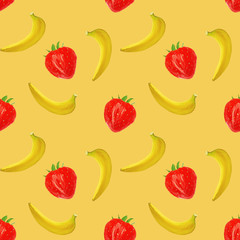 gouache seamless pattern with fruits and berries bananas and strawberry on a yellow background, vegetarian pattern for diet, healthy eating. Use as restaurant menu, packaging, product design,textile