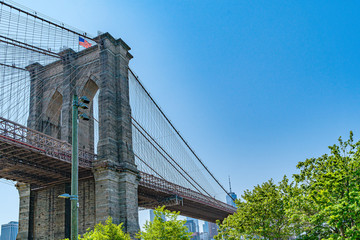 Brooklyn bridge in New York City with beautiful blue sky in background