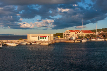 View of sea and mountains from Sucuraj harbor in Croatia.
