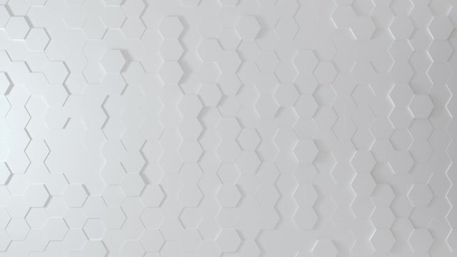 Abstract Honeycomb Background Loop wide angle. Bright white 3D animation of a seamless loop of hexagon beehive. Great modern trends. Light, minimal, moving hexagonal grid. Loopable