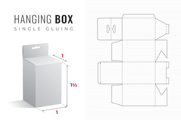 Hanging Packaging Box Die Cut One and a Half Height Single Width Template with 3D Preview - Black Editable Blueprint Layout with Cutting and Scoring Lines on Striped Background - Draw Graphic Design