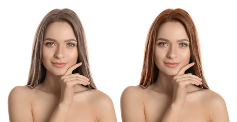 Beautiful woman before and after hair coloring on white background