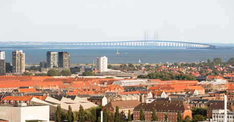 Panoramic view of the Oresund Bridge linking Denmark and Sweden from the Christianshavn neighborhood. Urban travel concept