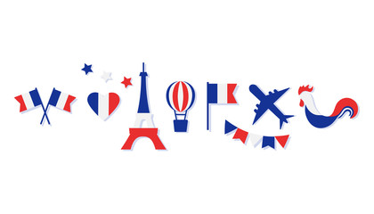 France collection. Blue, white and red national colors. Flags, heart, stars, Eiffel Tower, balloon, airplane, cock. Vector illustration