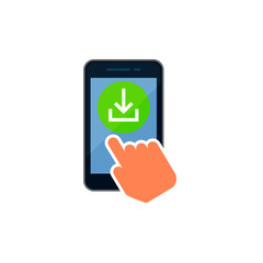 Download smartphone icon. File download on screen. Finger touching the screen. Vector illustration flat line design. Isolated on white background.