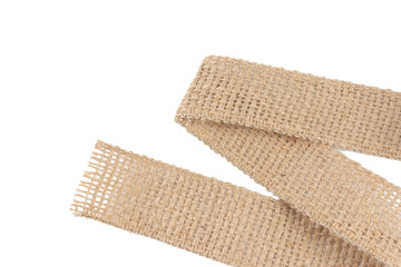 Burlap Fabric Wide rustic ribbon, Sackcloth Piece of Linen Jute, Sack Cloth Tag Isolated on White...
