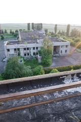 Ruins of abandoned buildings in 1986. Soviet architecture in Chernobyl. Danger of infection of...