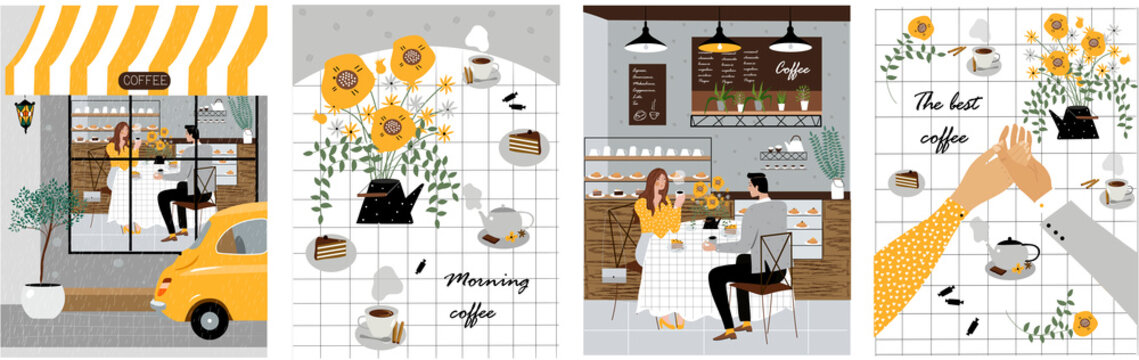 Set of illustrations with coffee and a couple. Vector cute images for cards, print, books, banners, business.