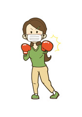 マスク姿で戦う女性のイラスト