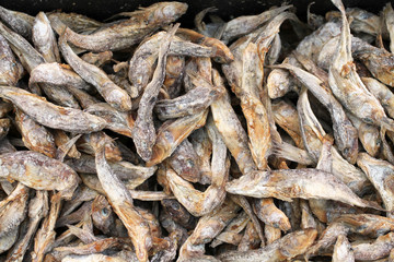 Salted dried gobies lying on a counter in a street market in southern Ukraine