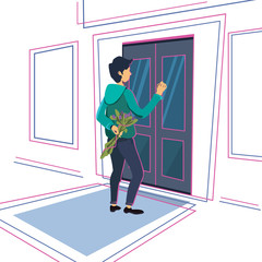young guy with a bouquet of flowers is knocking on the door.  Stock vector illustration of a man in flat style. Thin guy in a hoodie and jeans. Happy boy on the background of the building