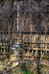 Ruins of abandoned buildings in 1986. Soviet architecture in Chernobyl. Danger of infection of...