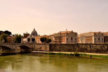 Fototapeta na wymiar May 14th 2020, Rome Italy: View of the Tiber river and the Dome of St. Peter's Basilica without tourists due to phase 2 of the lockdown