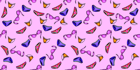 Seamless vector pattern with lingerie. Image for packaging bras, thongs, bikinis. Stock color background of clothes on a pink background. For printing in design, layout and label.