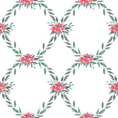 Seamless pattern with hand drawn watercolor peach flowers and leaves for fabric, wallpaper and wrapping paper. Isolated on white