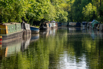 A canal with narrow boats in London