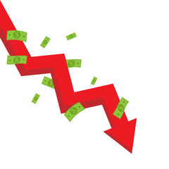 Business finance crisis concept. Down arrow symbol money falling down. Isolated vector illustration.