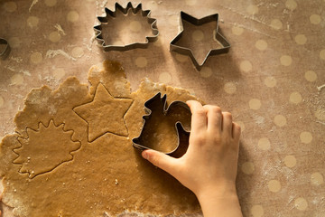 the process of preparing ginger cookies on a light table, hands cut out of the dough with molds for gingerbread