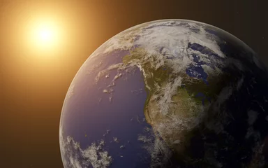 Tableaux ronds sur aluminium brossé Pleine Lune arbre Lever du soleil sur la planète Terre du système solaire. Côté continent de l& 39 Amérique du Nord. Illustration de rendu 3D de science-fiction. Les éléments de cette image ont été fournis par la NASA