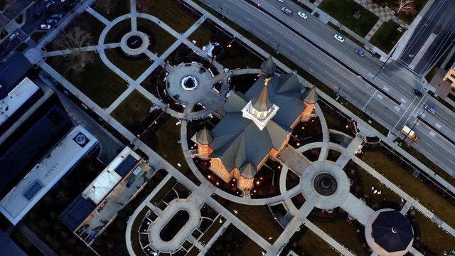 Gorgeous top bird's eye aerial drone shot of a religious temple located in downtown Provo, UT.