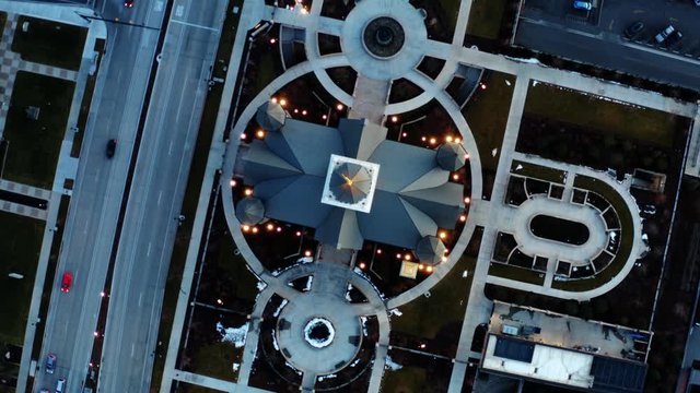 Gorgeous top bird's eye aerial drone shot of a religious temple located in downtown Provo, UT.