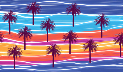 palm trees on the beach sunset background, textile fashion design pattern