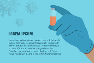 doctor hand in glove holds medical vial with vaccine on blue background. Stock vector illustration in flat style