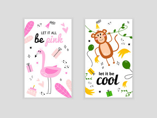 Set of greeting cards with flamingos and monkey. Illustration with flamingo and the inscription let it all be pink. Greeting card let it be cool with a monkey.