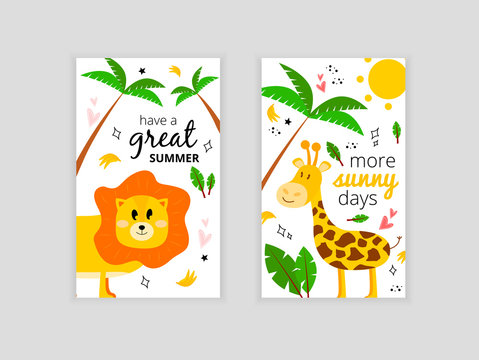 Set of cards with a lion and a giraffe. Illustration with a lion, palm leaf, bananas and the inscription good summer. Greeting card more sunny days with a giraffe.