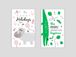 Set of illustrations. Greeting card with rhino, gift box and balloon happy holiday. Greeting card of happy holidays with a rhino, gifts and a balloon.