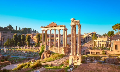 Obraz na płótnie Canvas Empty Rome at dawn. Panoramic image of Roman Forum, or Foro di Cesare, or Forum of Caesar, in Rome, Italy, early in the morning