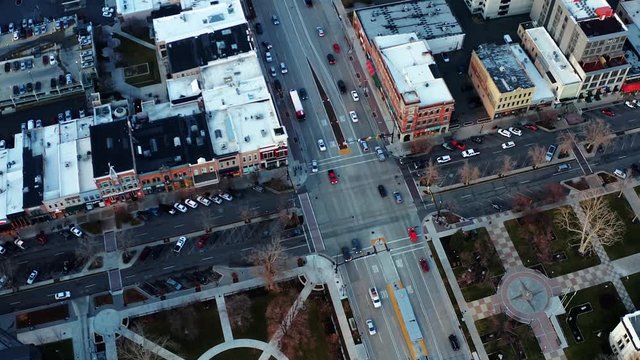 Aerial drone top view of downtown Provo, Utah during the evening on a cold fall evening