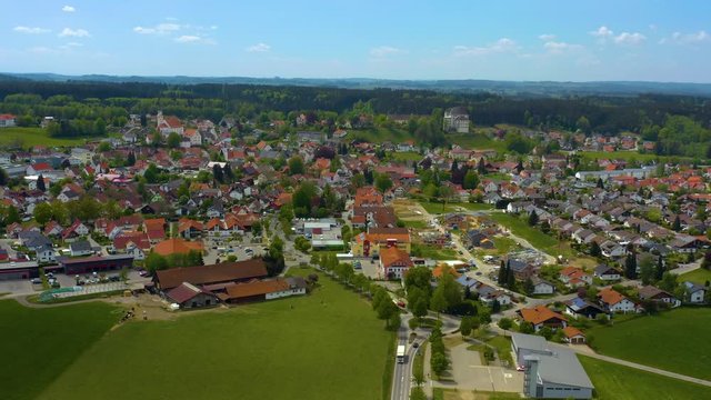 Aerial view of the city Bad Grönenbach in Germany, Bavaria on a sunny spring day during the coronavirus lockdown.