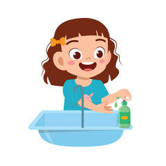 happy cute little kid girl wash hand in sink