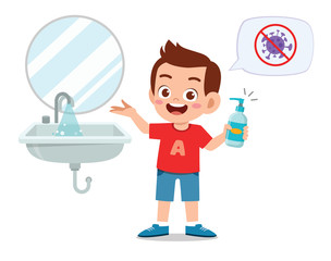 happy cute little kid boy wash hand in sink